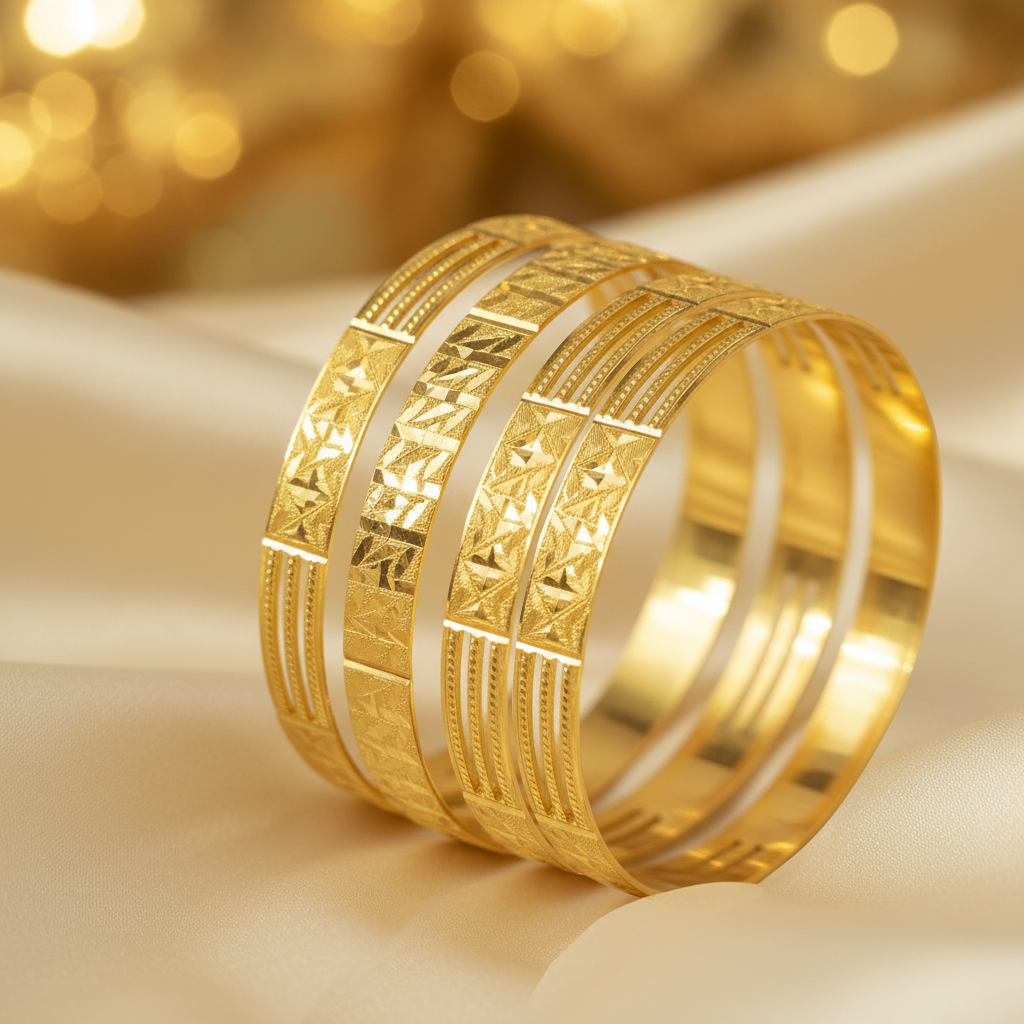 22Kt Gold Bangles | Diamond-Cut Geometric Engraving & Rope Border | Set of 4