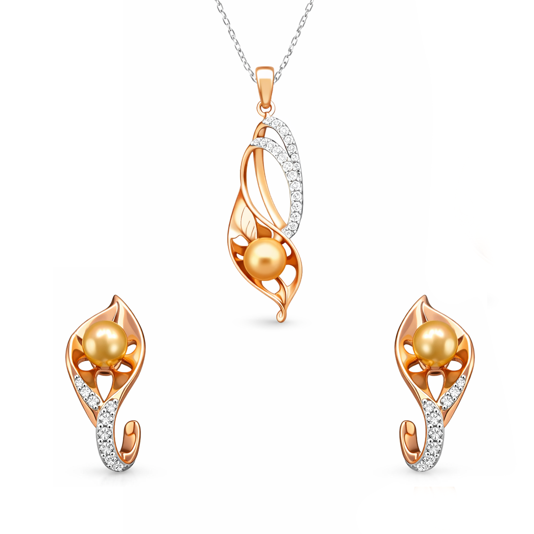Pearl Bloom Diamond Pendant & Earrings | Savya Jewels | 18-kt-gold | pearl