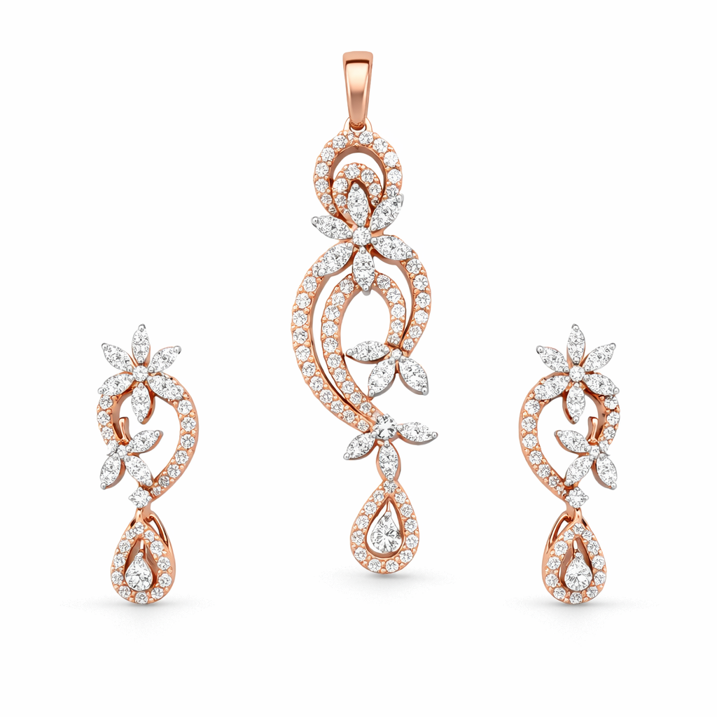 Floral Cascade Diamond Pendant Set | Savya Jewels | 18-kt-gold