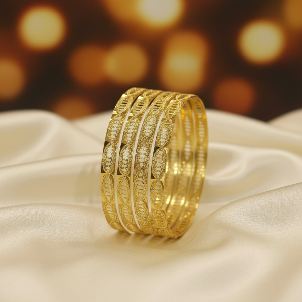 22Kt Gold Bangles | Oval Chain-Link Filigree Design | Set of 4