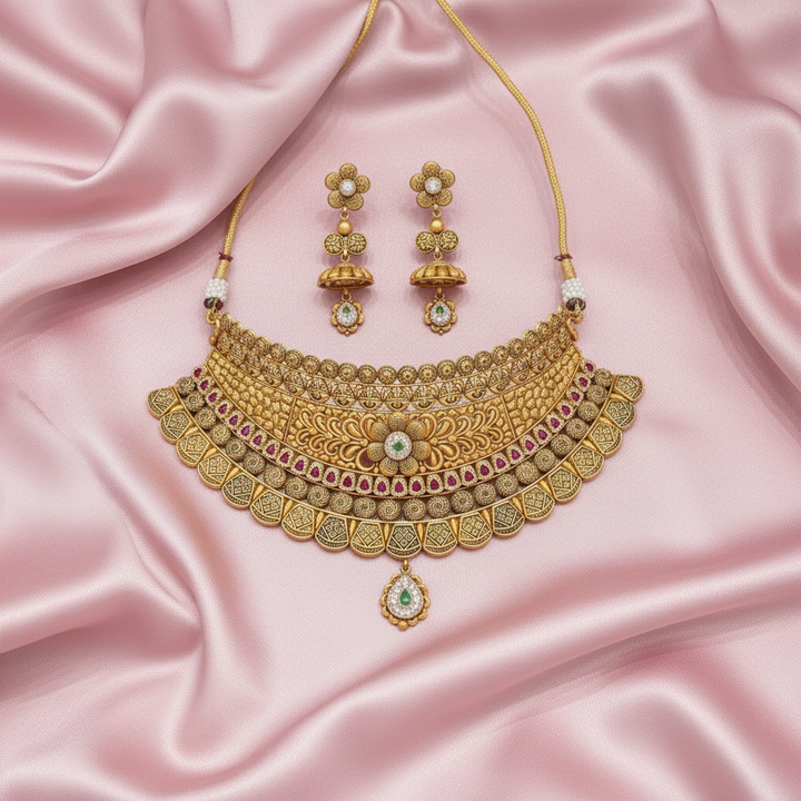 Gold Necklace Set on Pink Satin