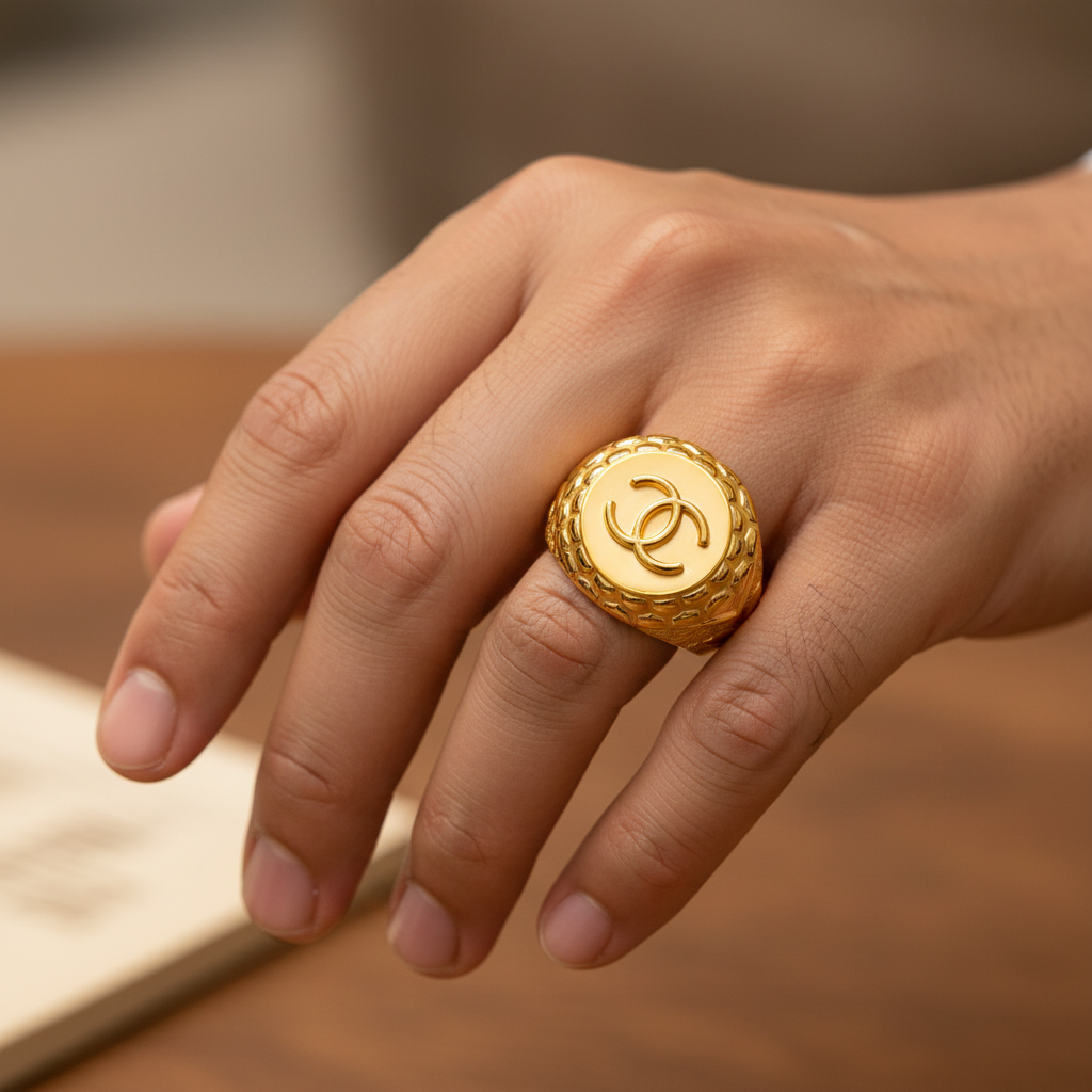 Gold Signet Ring CC - Model Hand