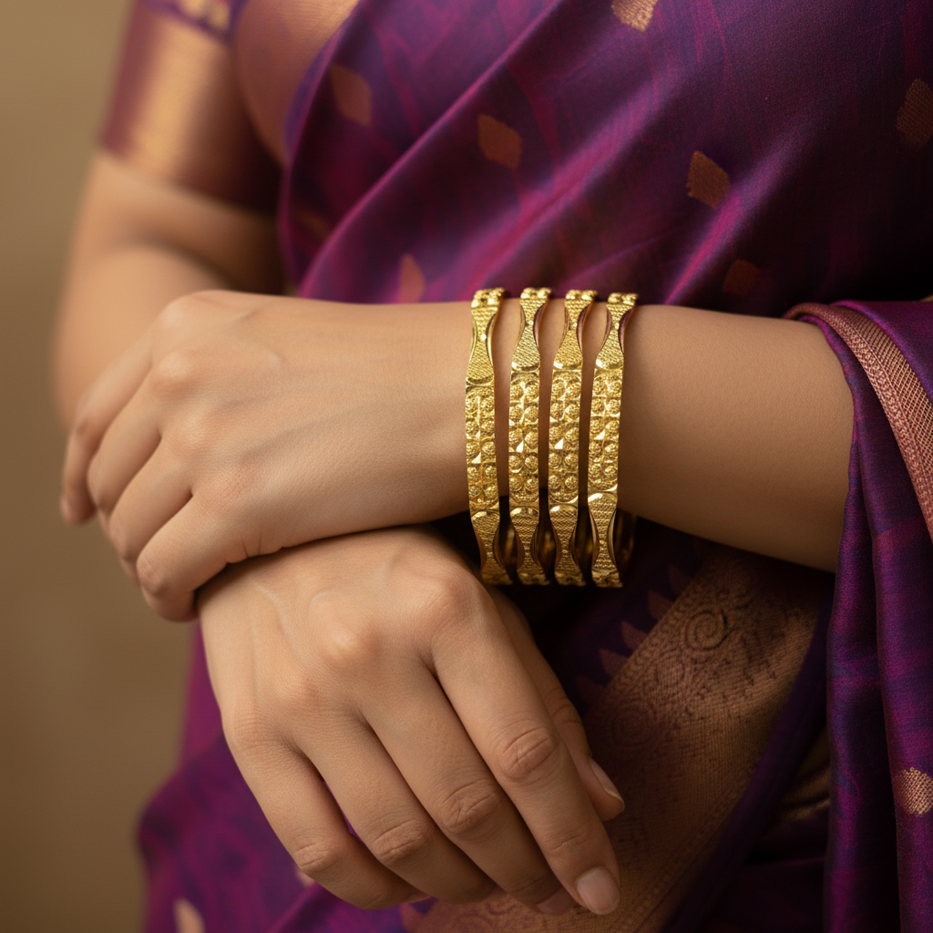 Hourglass Floral Rosette Gold Bangles Model