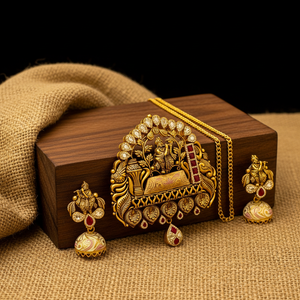 22Kt Antique Gold Krishna Temple Pendant Set - Wooden Block