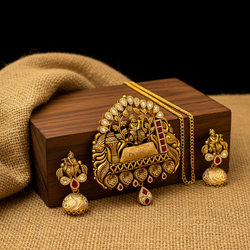22Kt Antique Gold Krishna Temple Pendant Set - Wooden Block