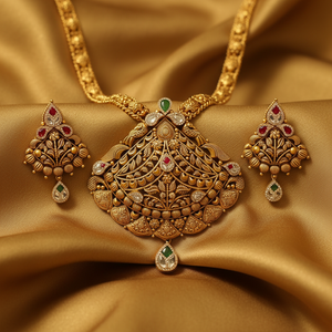 22Kt Antique Gold Peacock Jali Pendant Set - Silk Fabric
