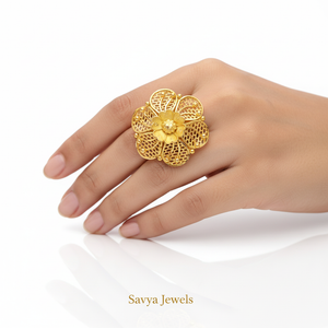 Five Petal Mesh Flower Gold Ladies Ring - Model Finger