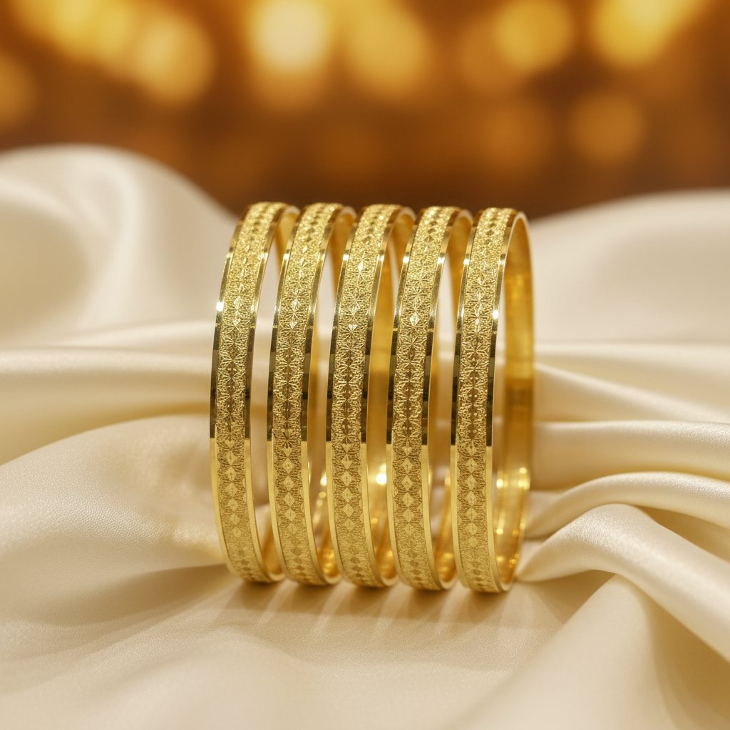 22Kt Diamond-Cut Starburst Gold Bangles on satin fabric