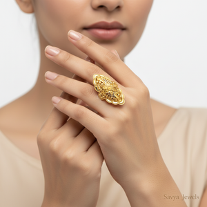 Diamond Shape Floral Jali Gold Ladies Ring - Model Finger