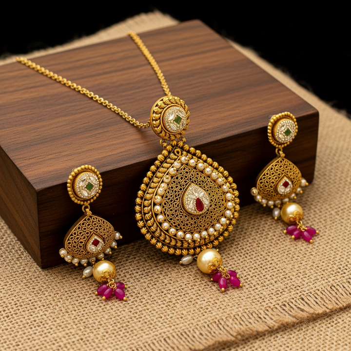 22Kt Antique Gold Filigree Pendant Set - Wooden Block