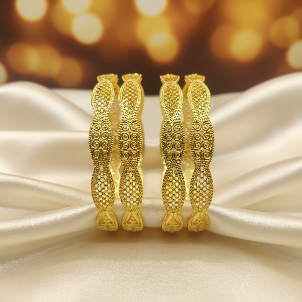 22Kt Wavy Filigree Gold Bangles on satin fabric