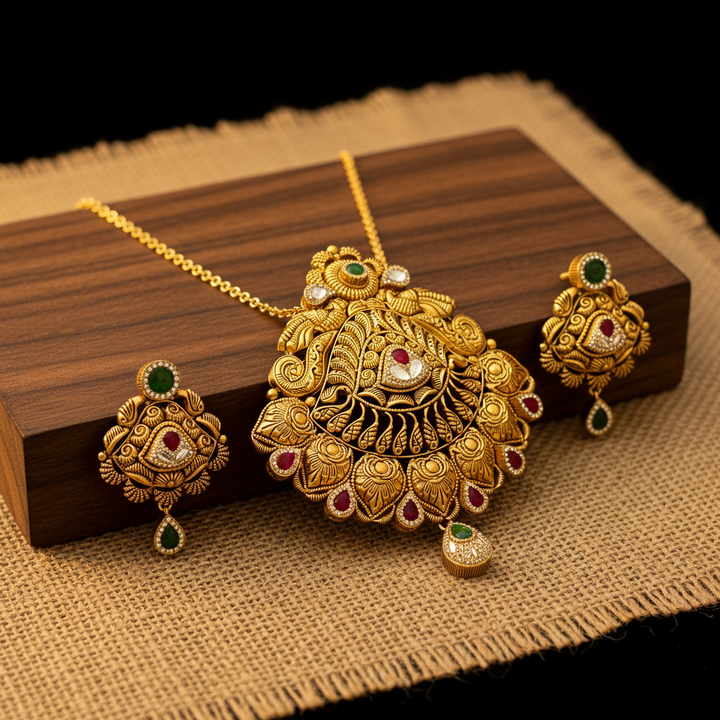 22Kt Antique Gold Peacock Feather Pendant Set - Wooden Block