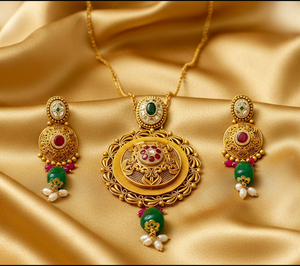 22Kt Antique Gold Circular Disc Pendant Set - Silk Fabric