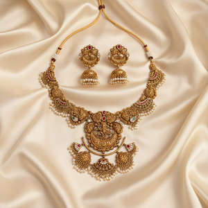 22Kt Gold Lakshmi Peacock Temple Necklace Set on Satin Cloth