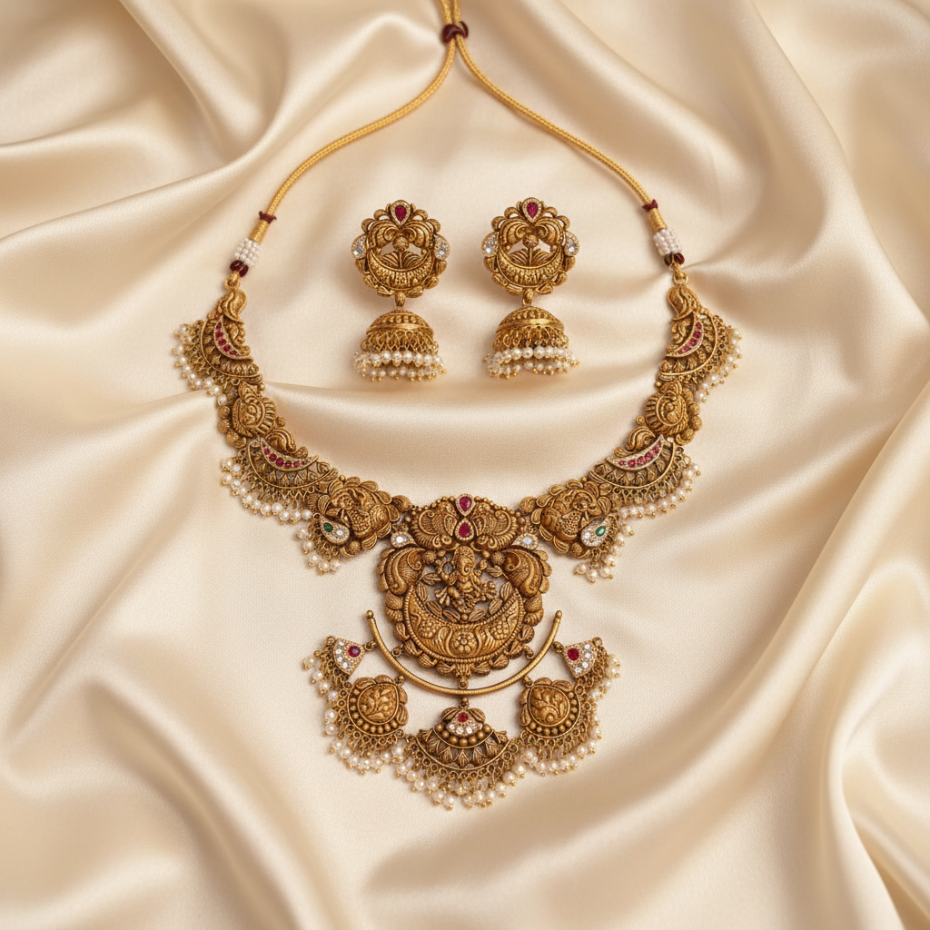 22Kt Gold Lakshmi Peacock Temple Necklace Set on Satin Cloth
