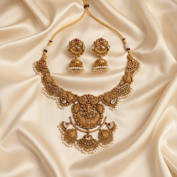 22Kt Gold Lakshmi Peacock Temple Necklace Set on Satin Cloth