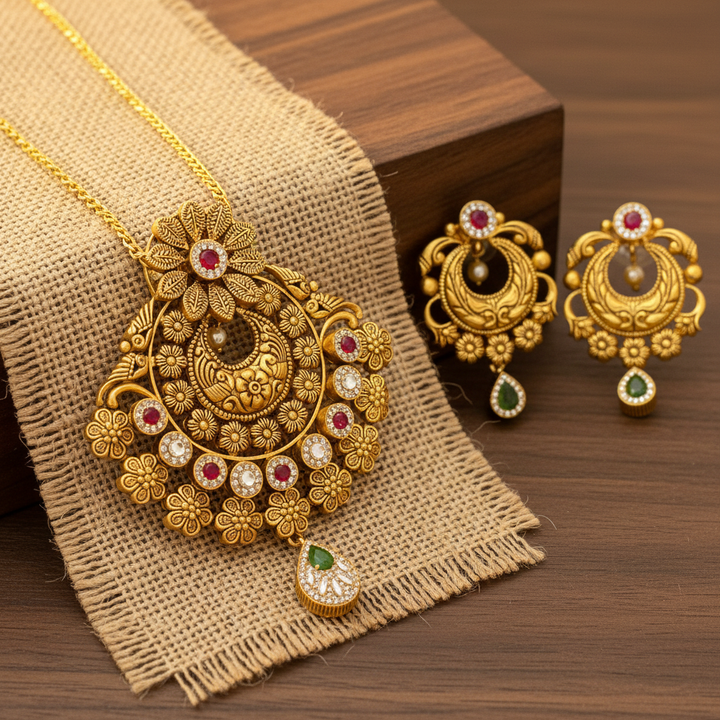 22Kt Antique Gold Chandbali Floral Pendant Set - Wooden Block