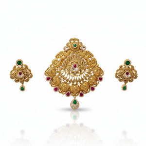 22Kt Antique Gold Peacock Feather Pendant Set - White Background