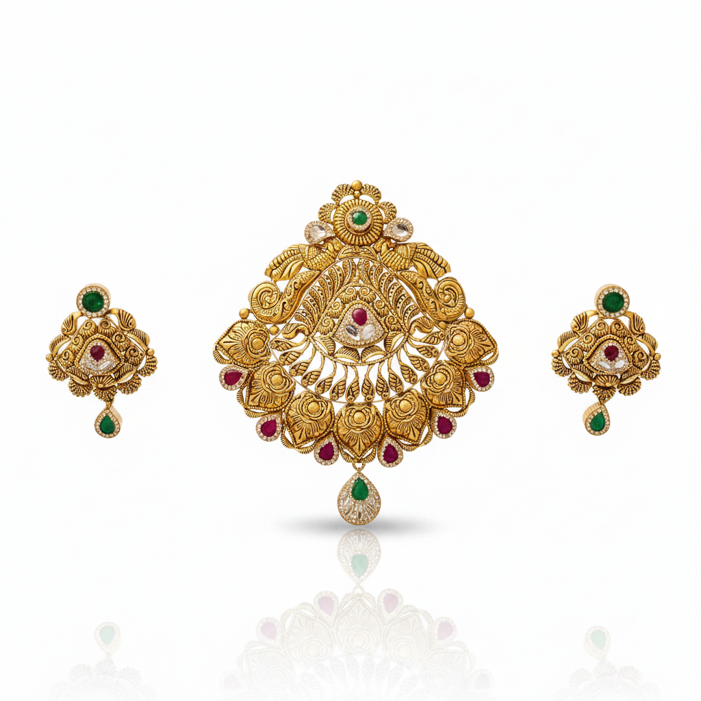 22Kt Antique Gold Peacock Feather Pendant Set - White Background