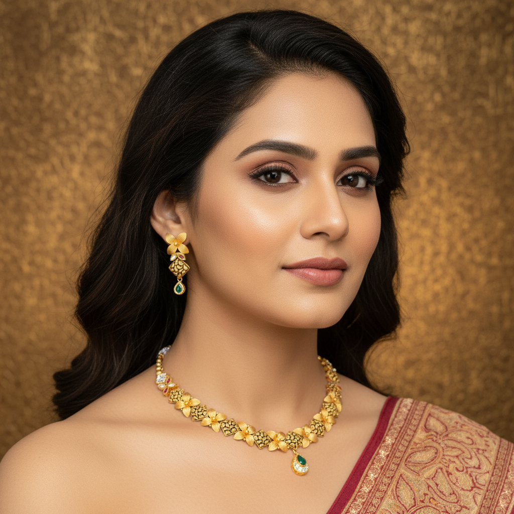 22kt Gold Floral Necklace Set worn by Female Model