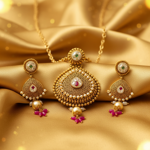 22Kt Antique Gold Filigree Pendant Set - Silk Fabric