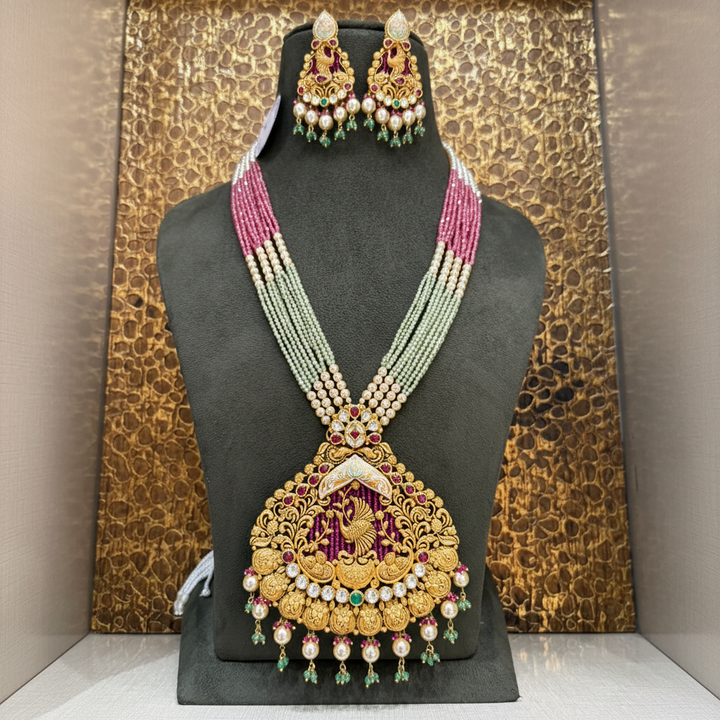 22Kt Gold Peacock Pendant Multi-Strand Necklace Set on Mannequin