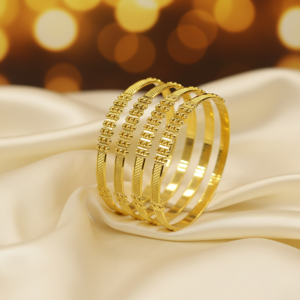 22Kt Gold Bangles | Ball Bead Cluster & Mesh Texture Design | Set of 4
