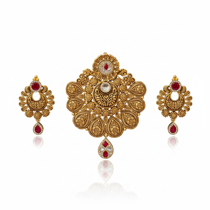 22Kt Antique Gold Floral Pendant Set - White Background
