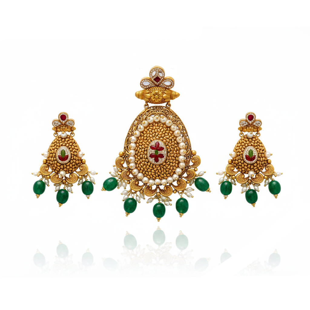 22Kt Antique Gold Granule Work Pendant Set - White Background