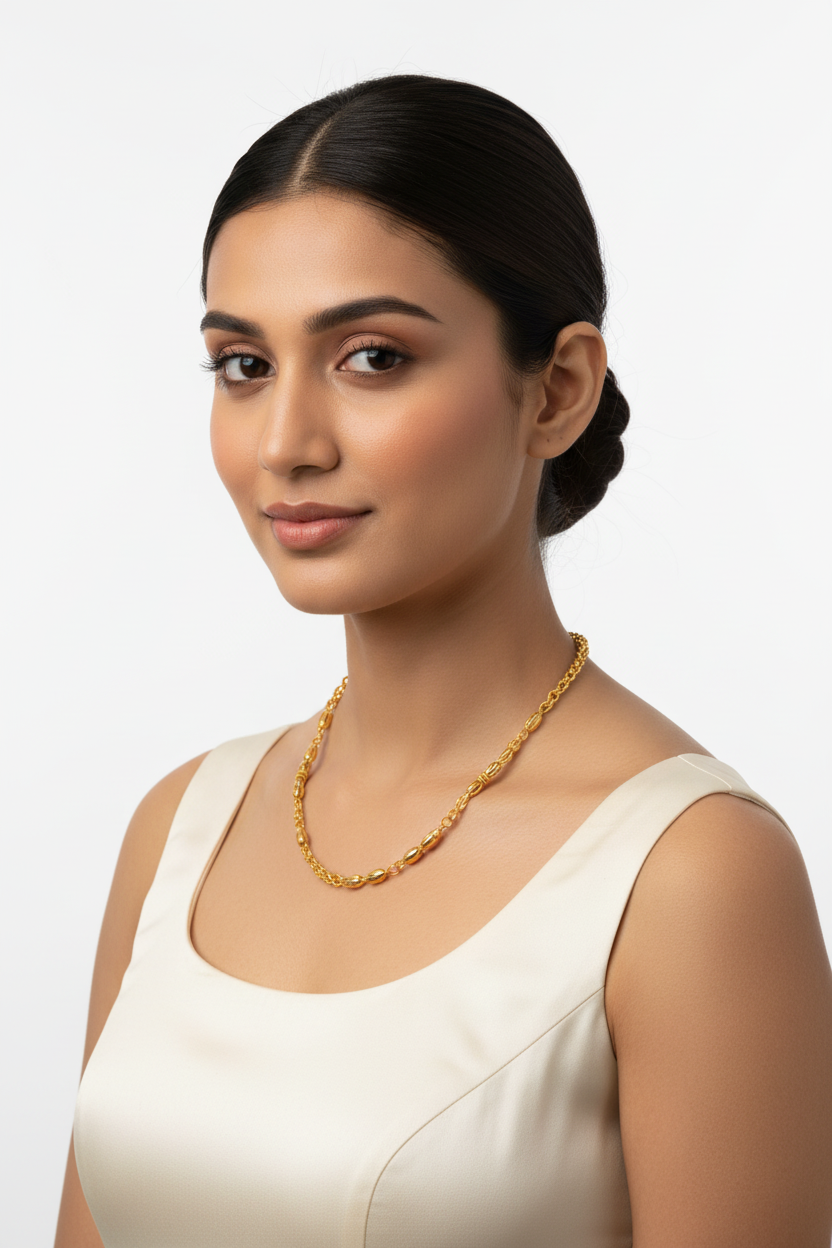 Fancy Barrel Link Gold Chain - Female Model