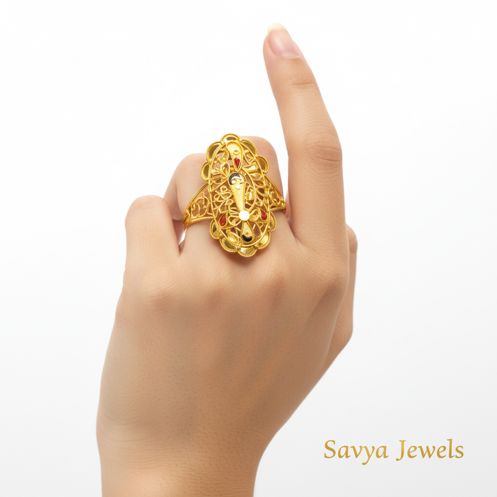 Oval Jali Enamel Paisley Gold Ladies Ring - Model Finger