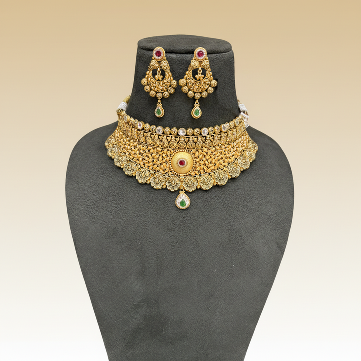 22Kt Antique Gold Broad Floral Choker Necklace Set with Chandbali Earrings | Savya Jewels