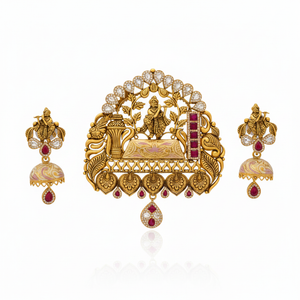 22Kt Antique Gold Krishna Temple Pendant Set - White Background