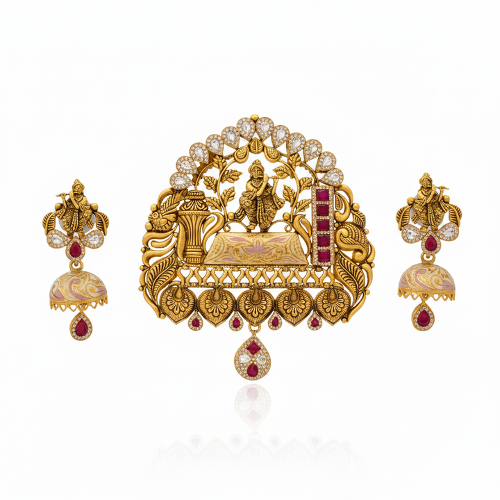 22Kt Antique Gold Krishna Temple Pendant Set - White Background