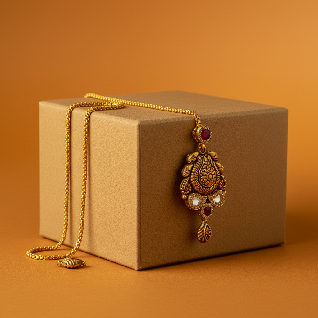 22Kt Antique Gold Maang Tikka - Amber Background