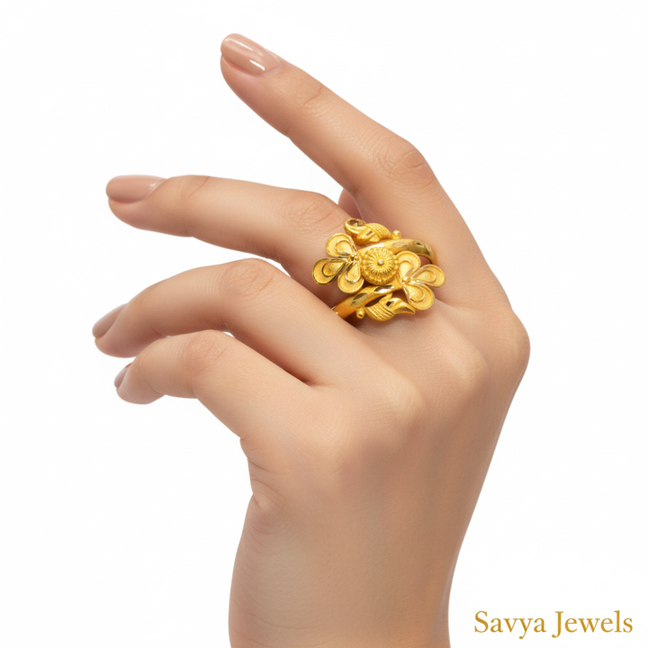 Floral Wrap Leaf Gold Ladies Ring - Model Finger