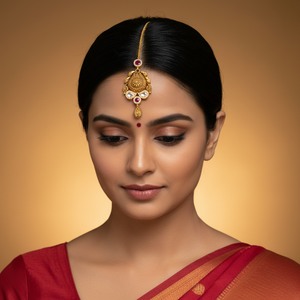 22Kt Antique Gold Maang Tikka - Bridal Model Shot