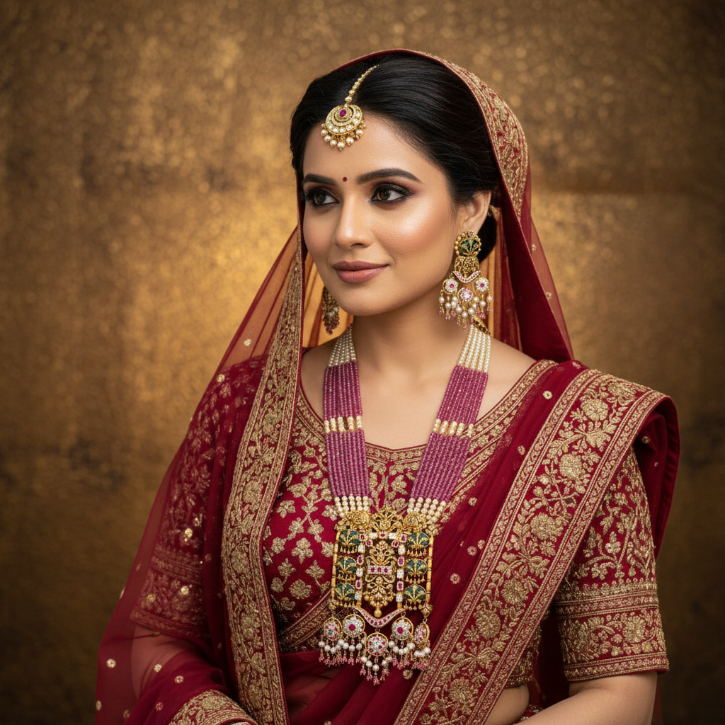 22Kt Gold Meenakari Ruby Pearl Necklace Set worn by Female Model