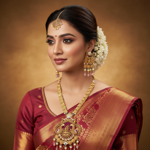 22Kt Gold Ram Darbar Temple Pendant Necklace Set worn by Female Model