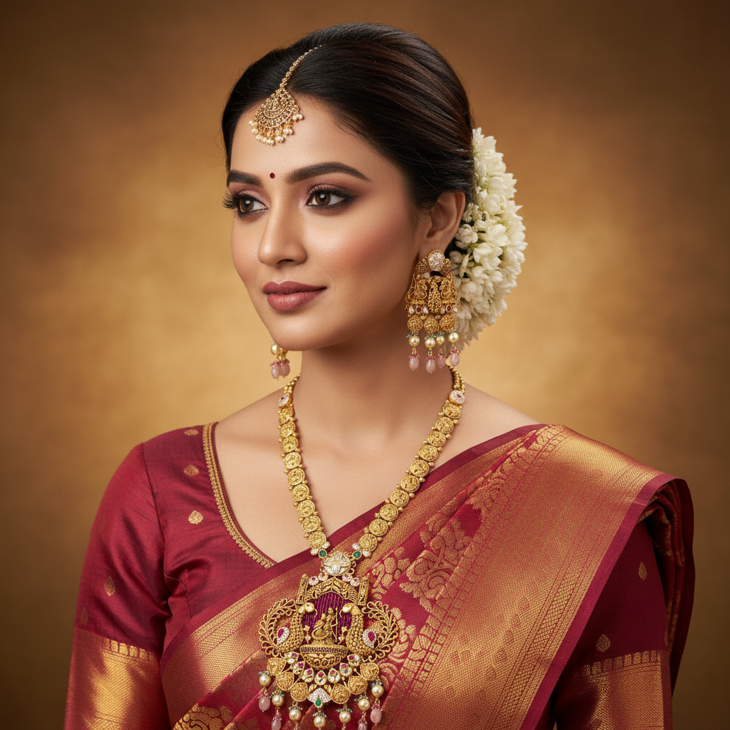22Kt Gold Ram Darbar Temple Pendant Necklace Set worn by Female Model