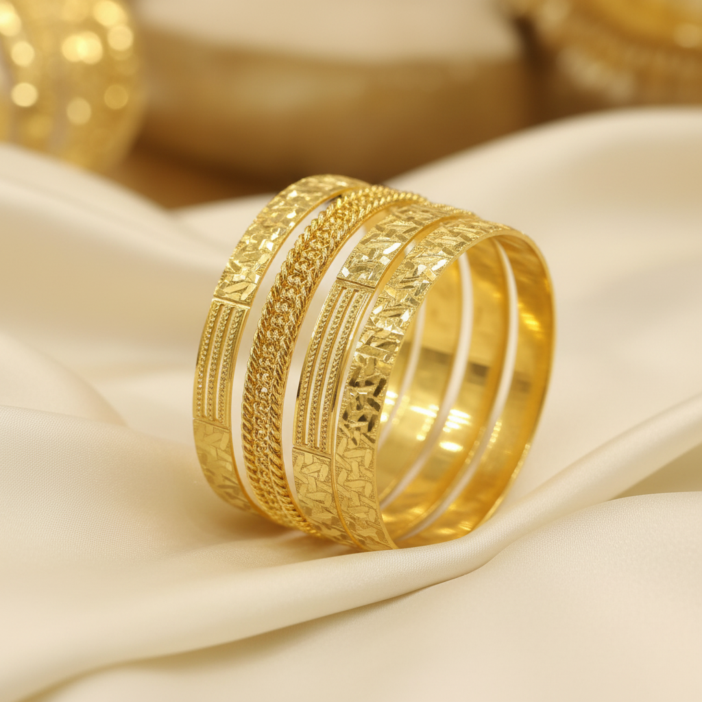 22Kt Nugget Rope Chain Gold Bangles on satin fabric