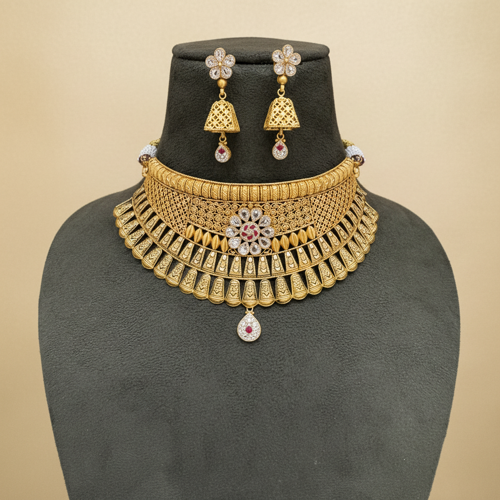 22Kt Antique Gold Cone Layered Choker Necklace Set with Jhumka Earrings | Savya Jewels