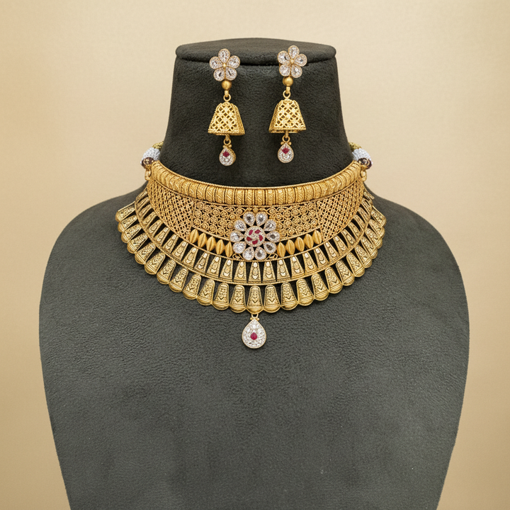 22Kt Antique Gold Cone Layered Choker Necklace Set with Jhumka Earrings | Savya Jewels