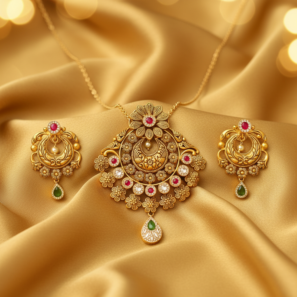 22Kt Antique Gold Chandbali Floral Pendant Set - Silk Fabric