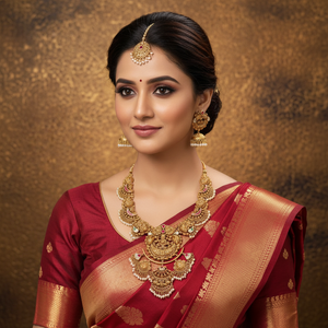 22Kt Gold Lakshmi Peacock Temple Necklace Set worn by Female Model