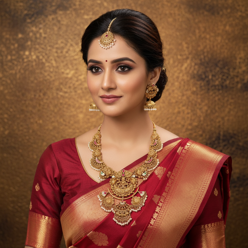 22Kt Gold Lakshmi Peacock Temple Necklace Set worn by Female Model