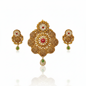 22Kt Antique Gold Paisley Motif Pendant Set - White Background