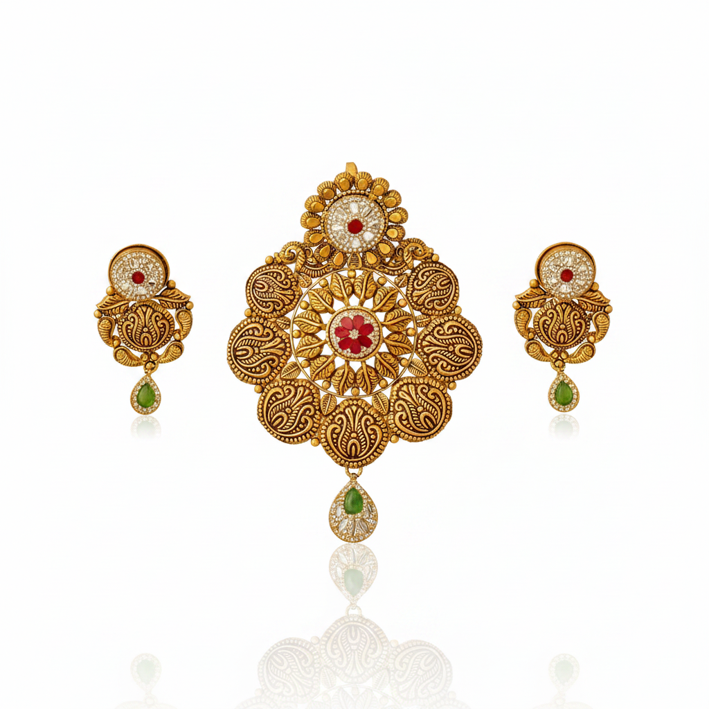22Kt Antique Gold Paisley Motif Pendant Set - White Background