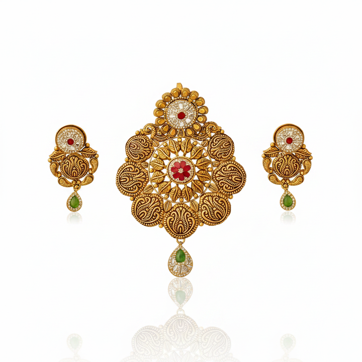 22Kt Antique Gold Paisley Motif Pendant Set - White Background