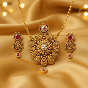 22Kt Antique Gold Peacock Floral Pendant Set - Silk Fabric